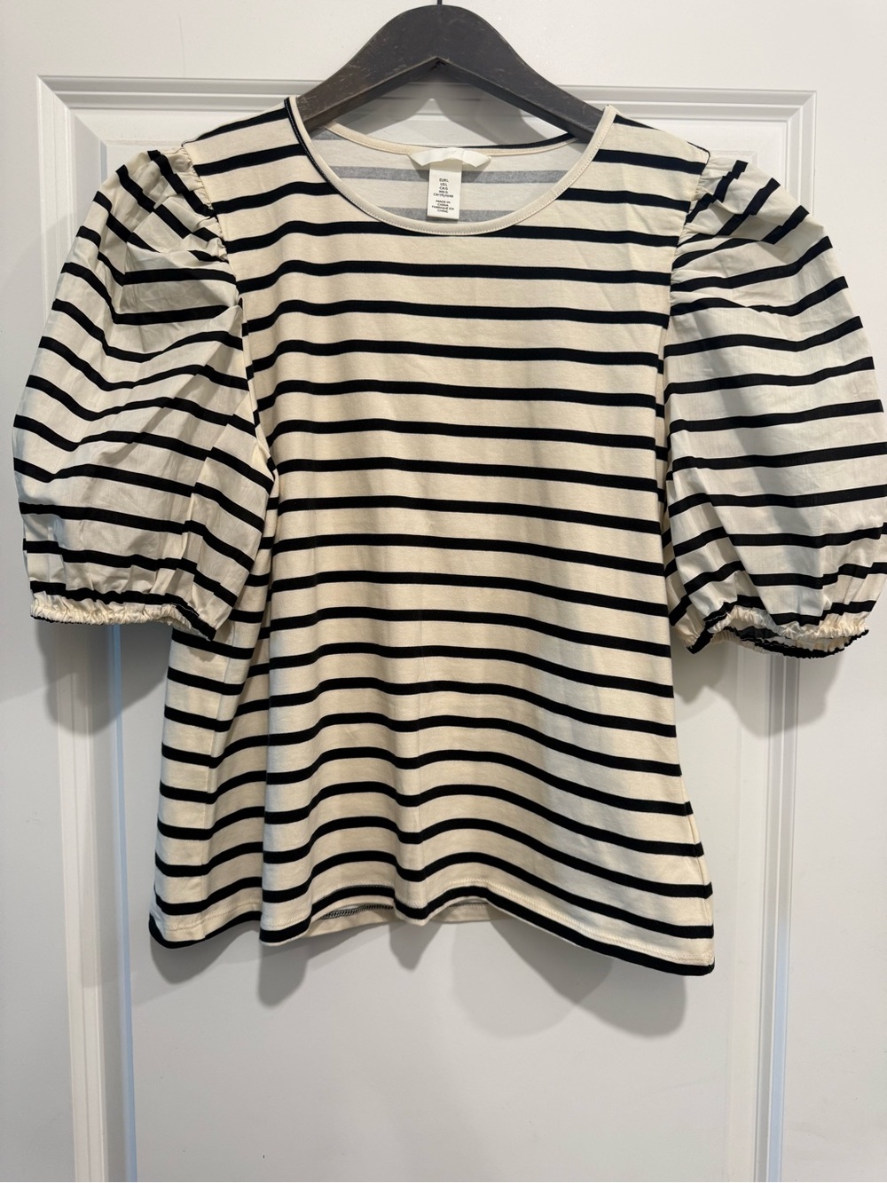 H&M Cream and Black Striped Puff-Sleeve Top